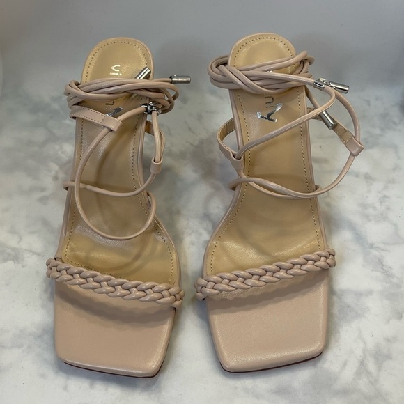Braided Lace Up Heeled Sandals Square Open Toe Straps Stiletto Heels nude 7.5 - Picture 5 of 8